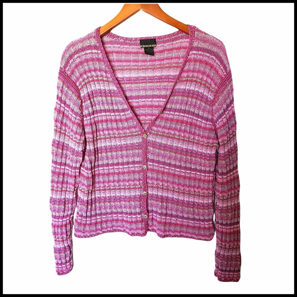 Sigrid Olsen‎ Sport Cardigan Knitted Sweater Size XL Pink Ribbed Striped